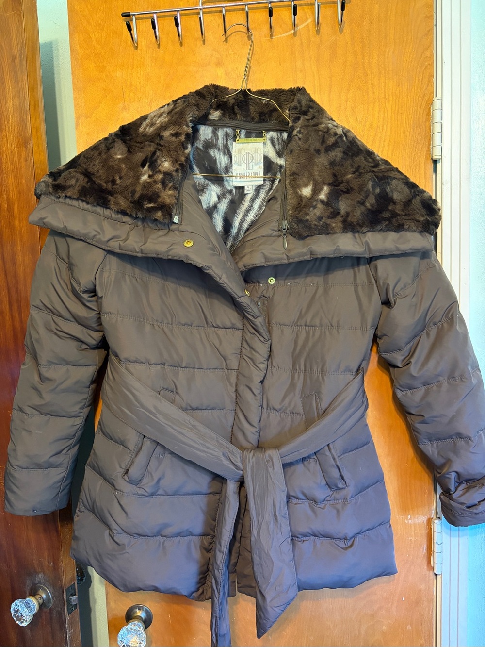 Jennifer Lopez Brown Duck down filled Belted Puffer Coat with Faux-Fur Collar